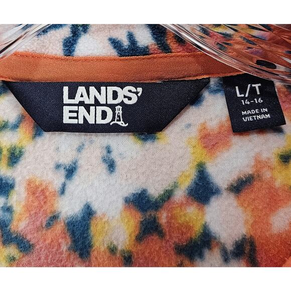 LANDS END Women's Tall L LT Fleece 1/4 Zip Top Floral Orange Green Soft 42" - Picture 3 of 8